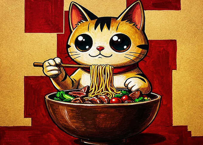 Cute Cat Eating Ramen Noodles