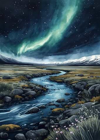 Aurora Borealis Over Mountain Stream