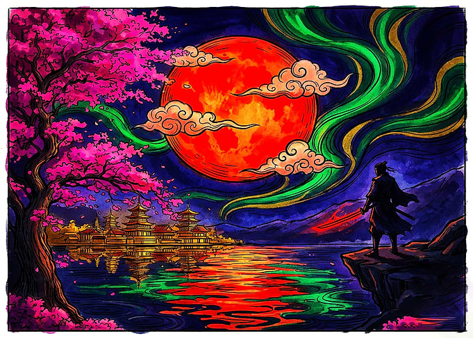 Samurai Under Red Moon and Aurora