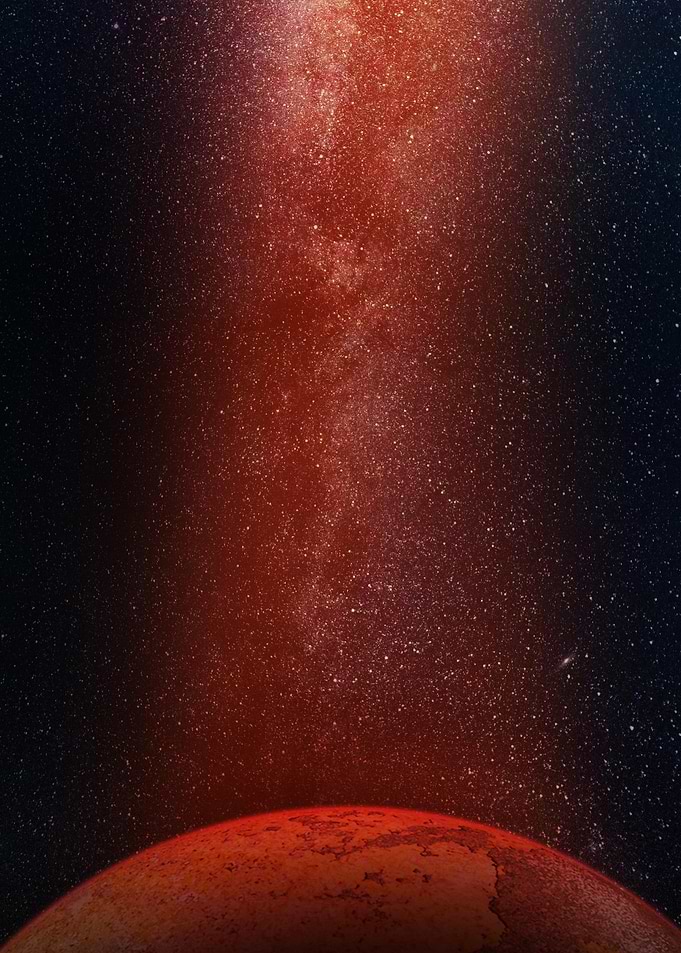 Red Planet Under Cosmic Nebula