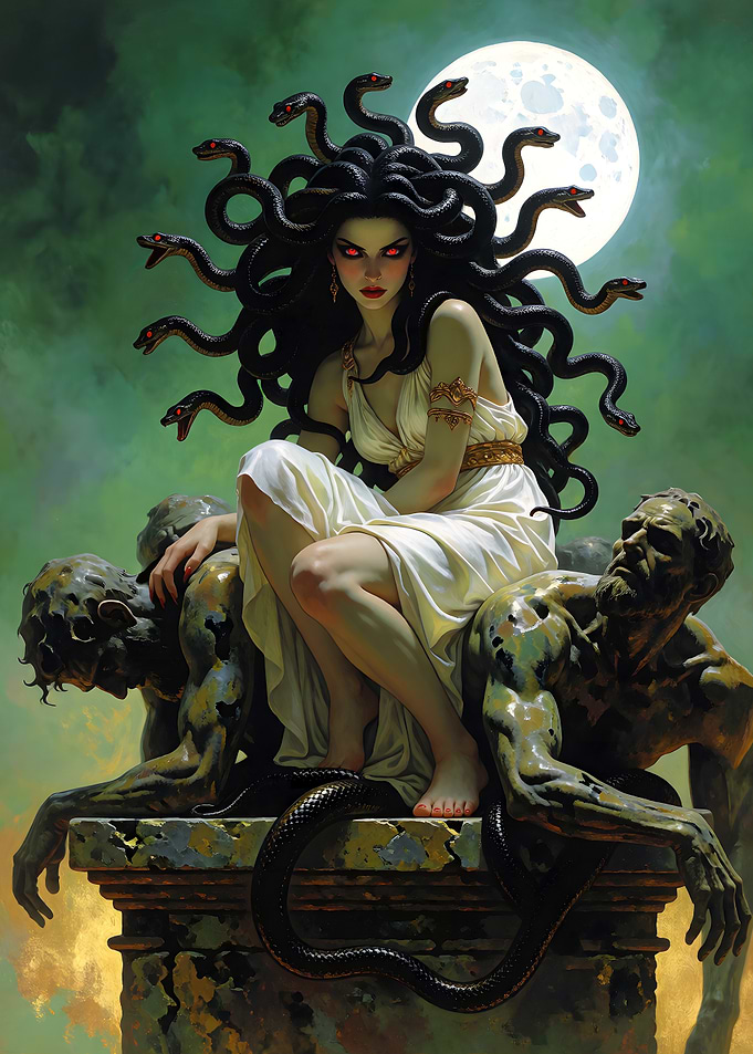 Medusa Sitting on Stone Statues