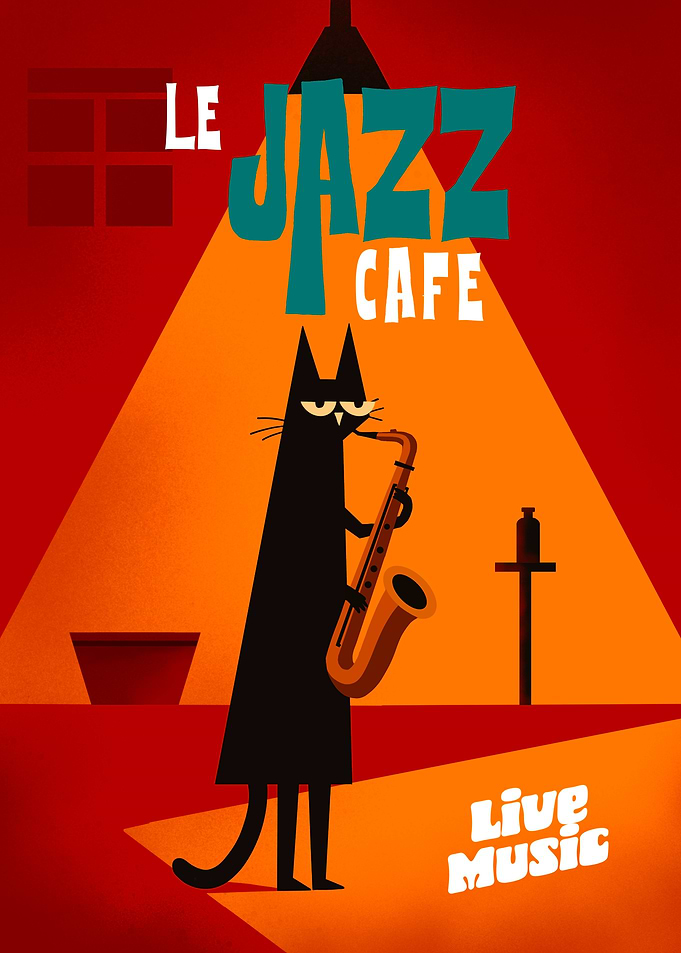 Le Jazz Cafe Cat Saxophone Poster