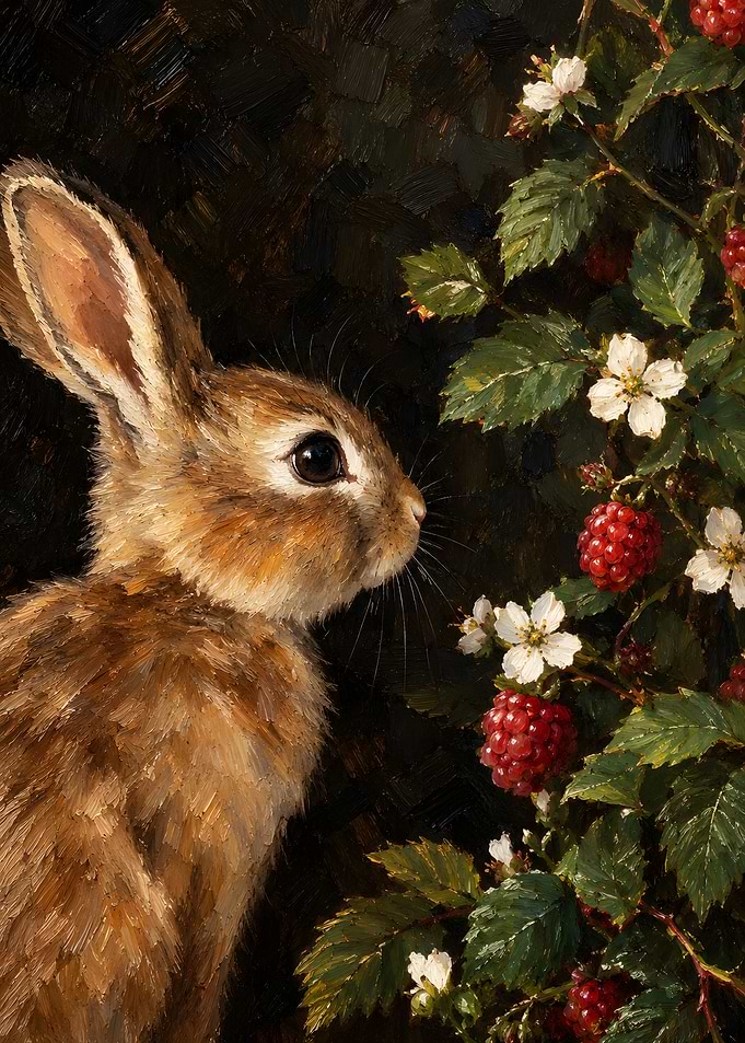 Oil Painting of Rabbit and Raspberries
