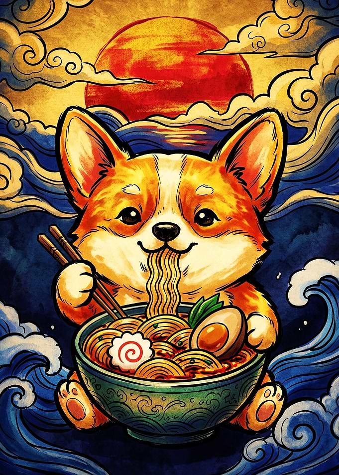 Cute Corgi Eating Ramen Illustration
