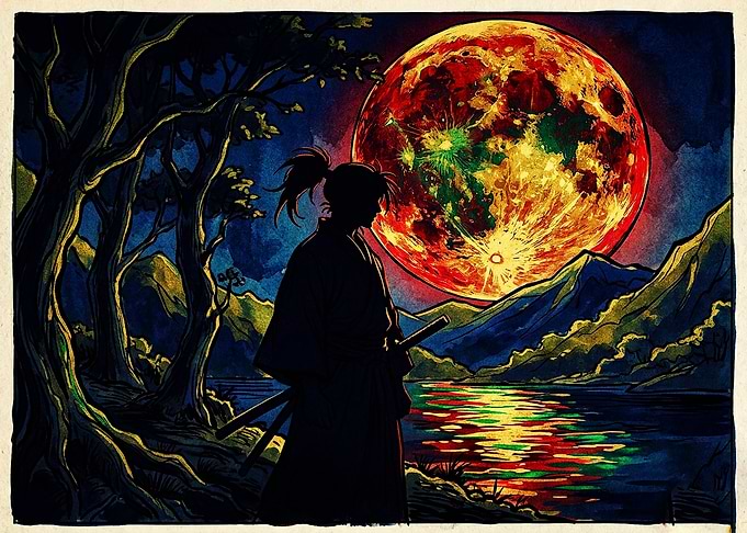 Samurai Silhouette Under Blood Moon