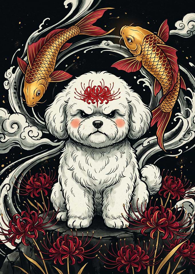 Angry Bichon Frise with Koi Fish