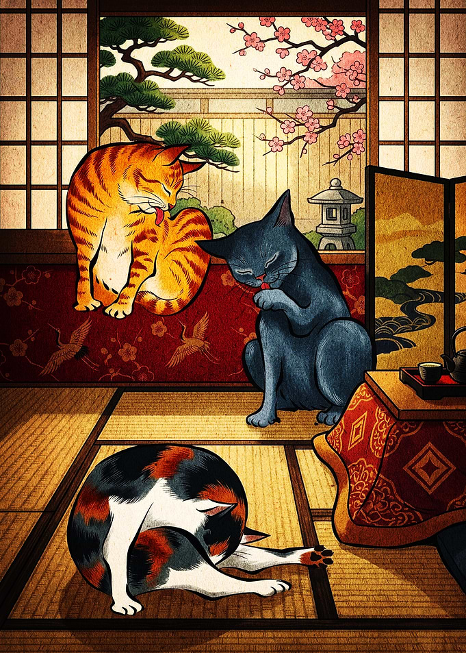 Three Cats in Traditional Japanese Room