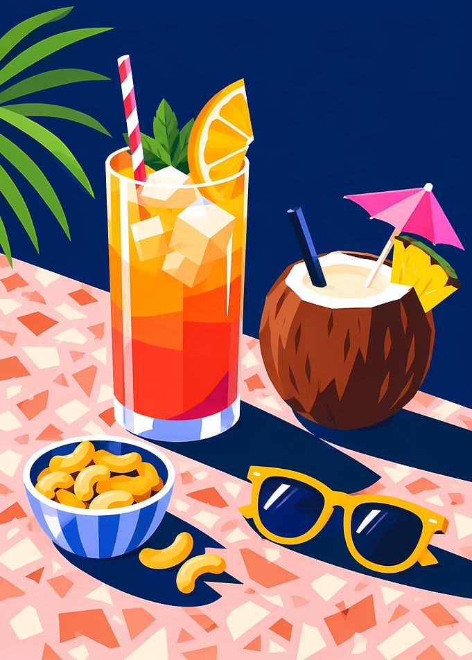 Tropical Summer Cocktail Scene Illustration