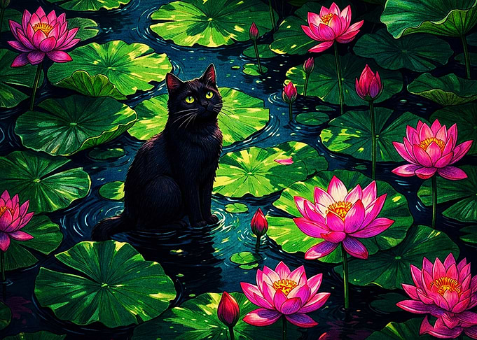 Black Cat in Lotus Pond