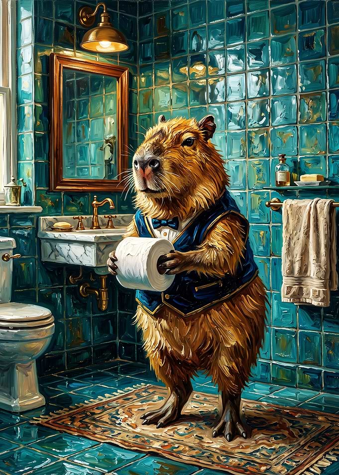 Dapper Capybara in a Teal Bathroom - funny toilet paper Humor art