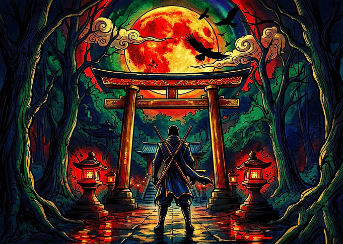 Samurai Standing Before Torii Gate