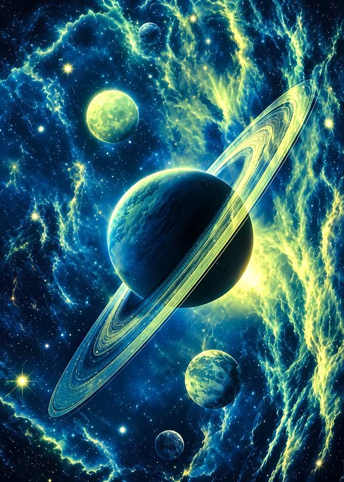 Ethereal Ringed Planet in Nebula
