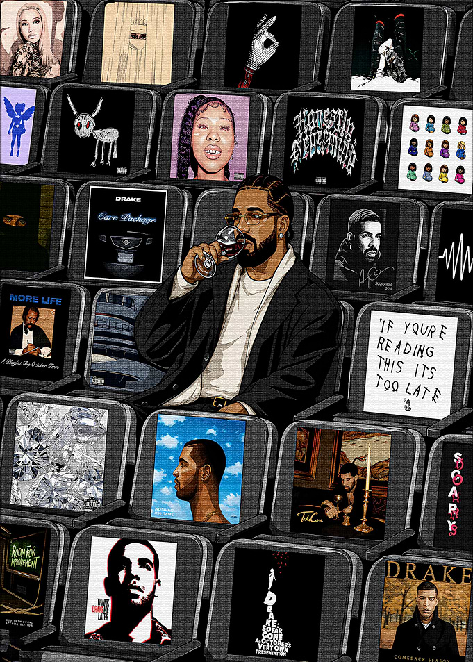 Drake Surrounded by His Album Covers