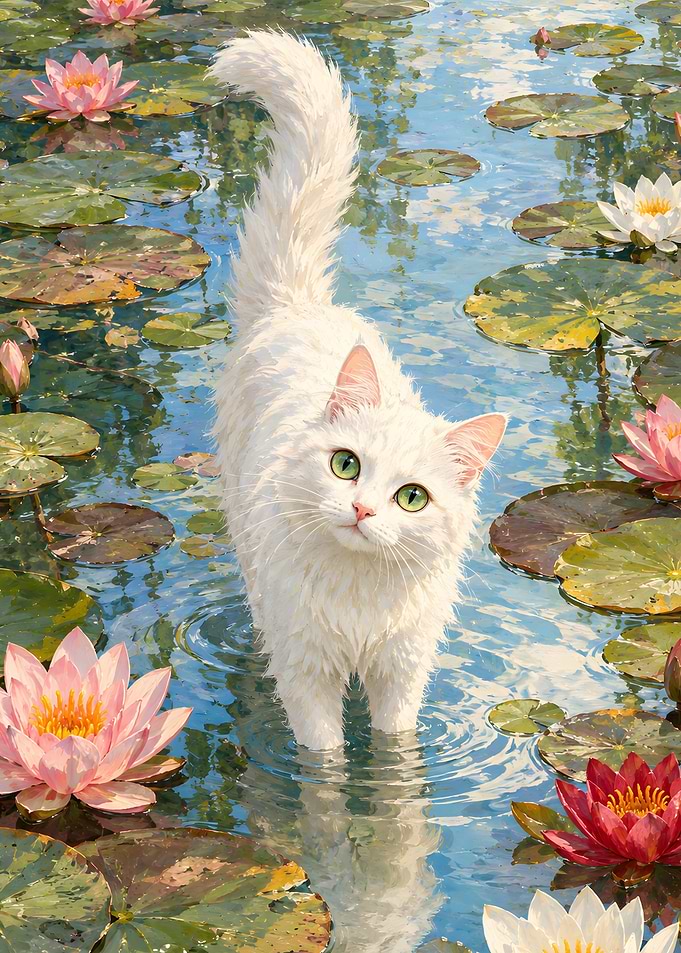 White Cat in Lotus Pond