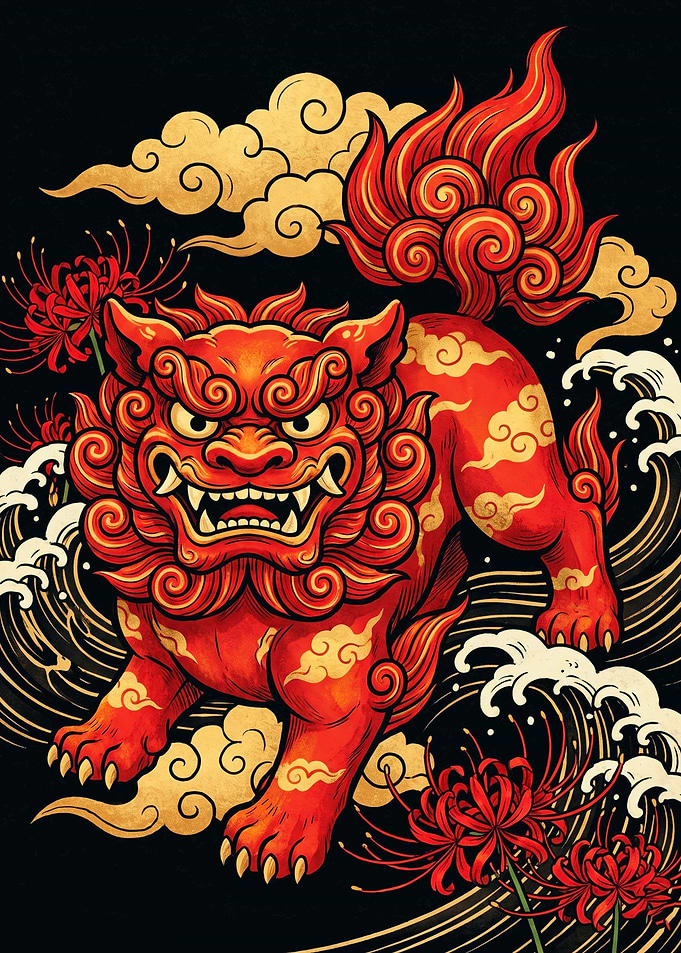 Traditional Japanese Red Guardian Lion