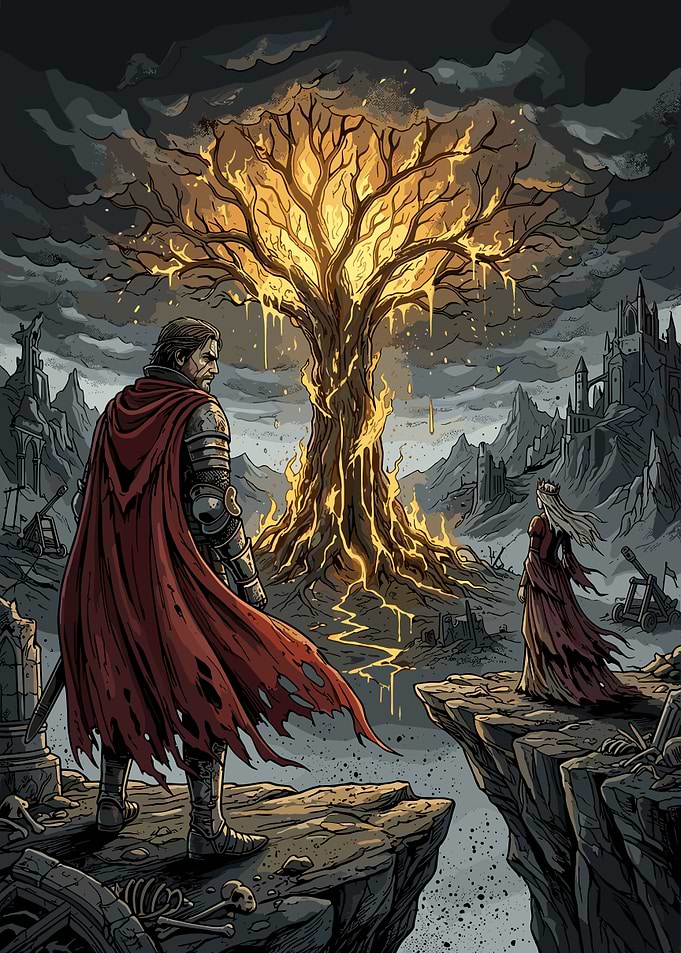 Knight and Queen Before Burning Tree