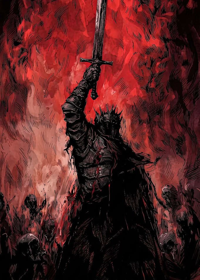 Dark Knight Raising Sword in Fire