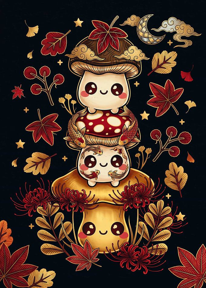 Cute Mushroom Stack with Koi Fish