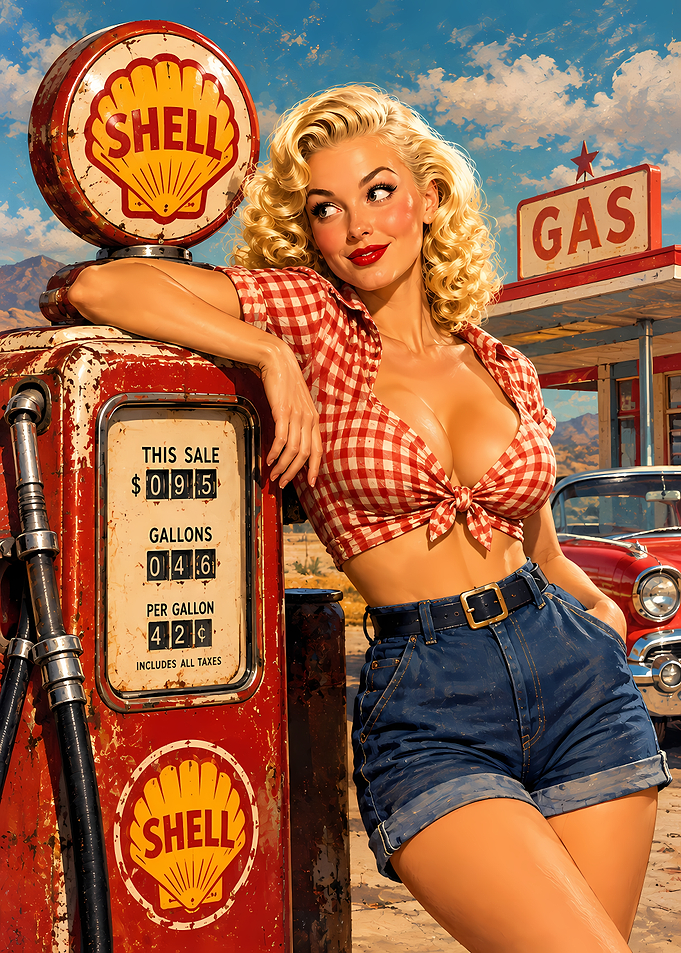 Vintage Pin-up Girl at Gas Station