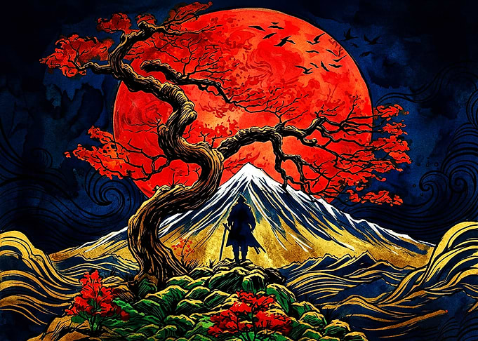 Samurai Before Mount Fuji and Moon