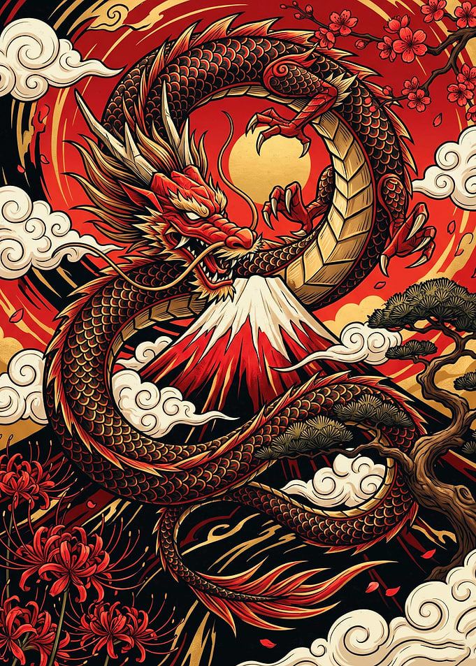 Majestic Japanese Dragon and Mount Fuji