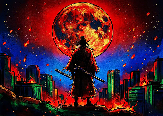 Samurai Standing Before Burning City