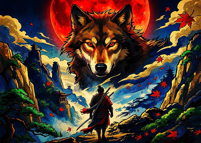 Samurai Facing a Giant Wolf
