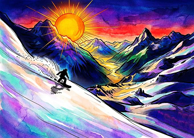 Vibrant Watercolor Snowboarding Mountain Landscape