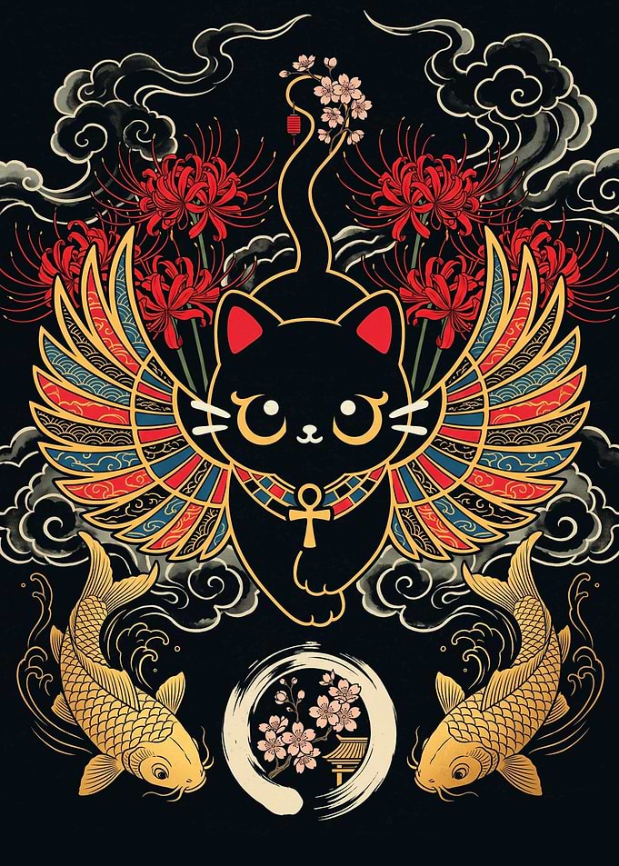 Winged Black Cat with Koi Fish