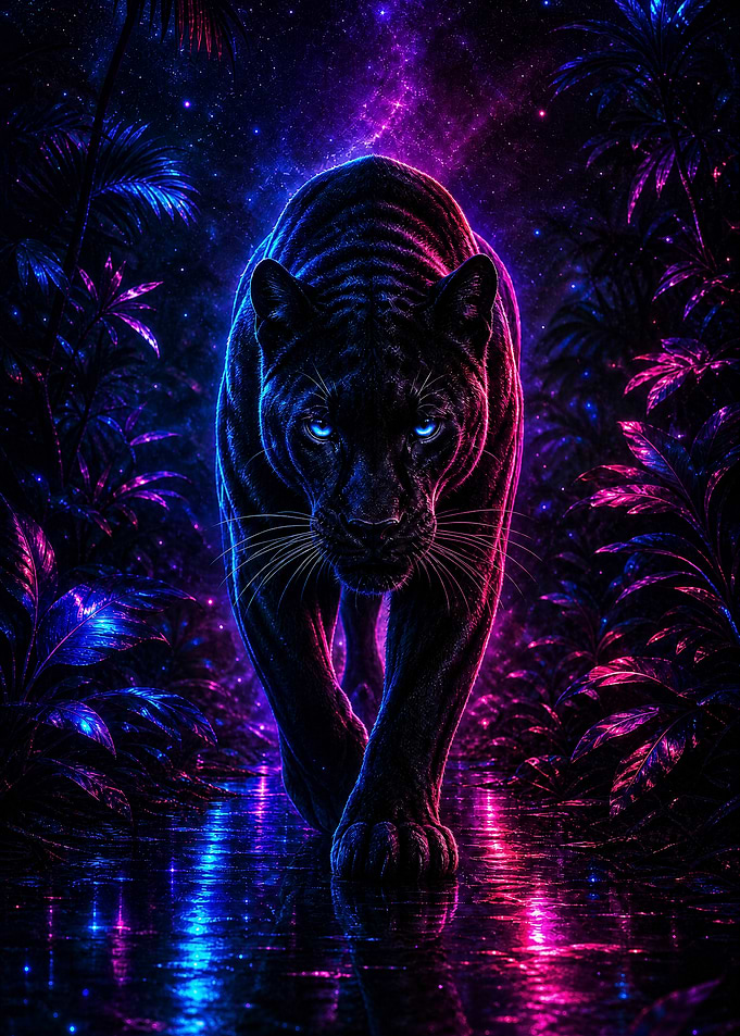 Neon Cosmic Panther in Jungle