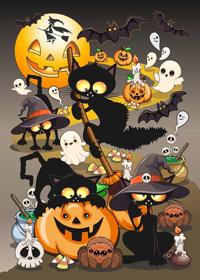 Cute Halloween Black Cats and Pumpkins
