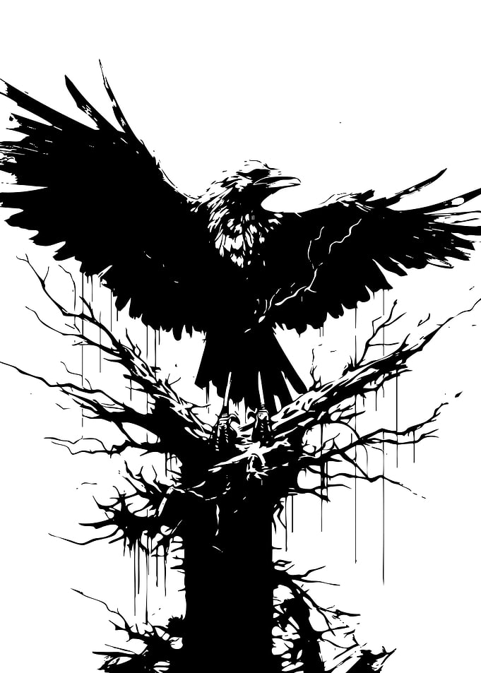 Black Raven Perched on Dead Tree