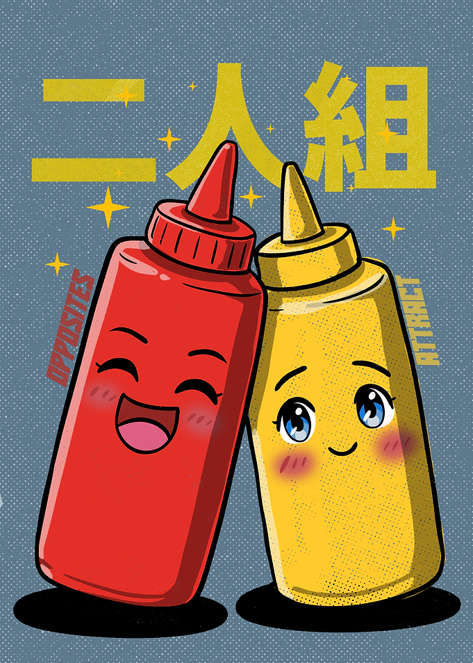 Cute Ketchup and Mustard Duo Retro Food Illustration