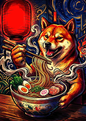 Shiba Inu Eating Ramen Illustration