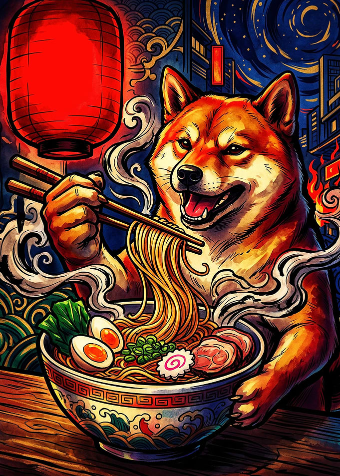 Shiba Inu Eating Ramen Illustration