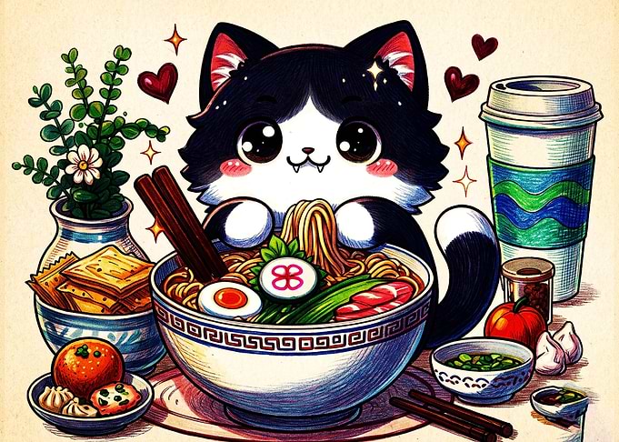 Cute Cat Eating Ramen Illustration