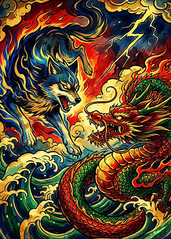 Epic Battle Between Wolf and Dragon