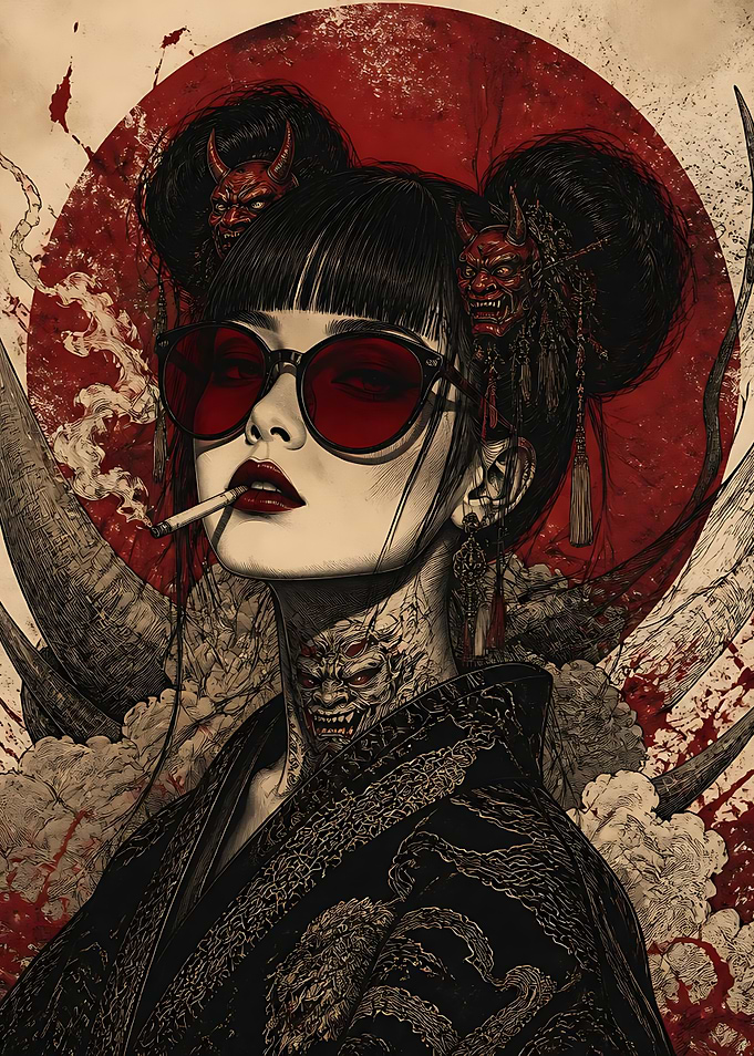 Stylish Woman with Oni Mask Accents