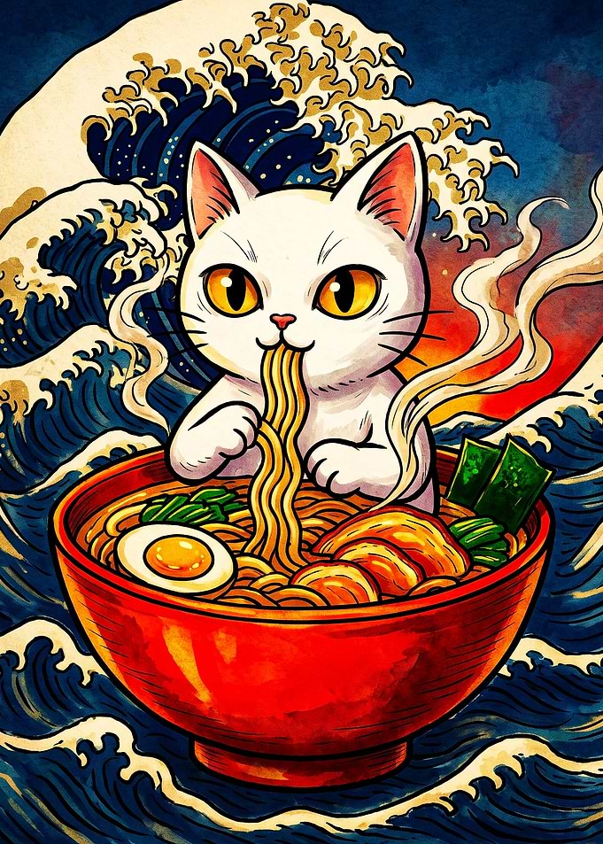 Cute Cat Eating Ramen Great Wave