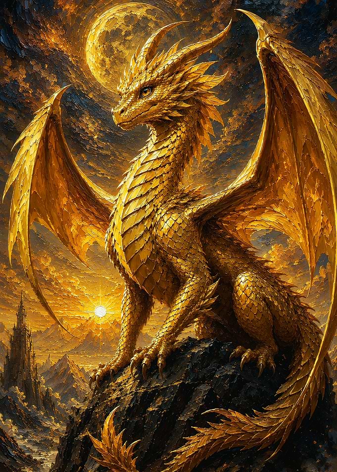 Majestic Golden Dragon at Sunset