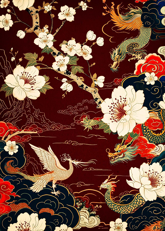 Traditional Japanese Dragon and Phoenix Art