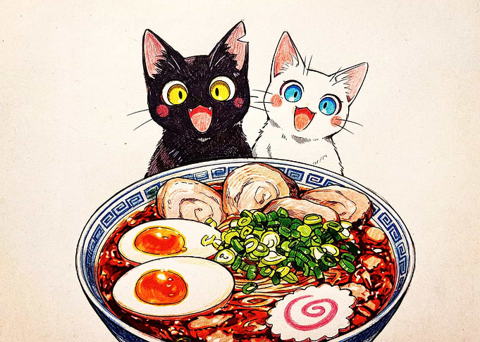 Two Cats Excited for Ramen