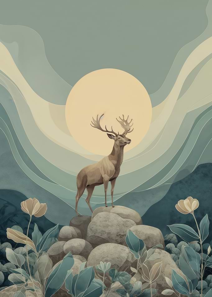Stag Standing On Rocks Under Glowing Sun