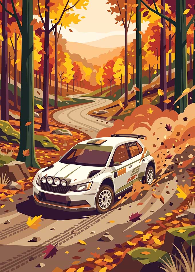 Rally Car Racing Through Autumn Forest