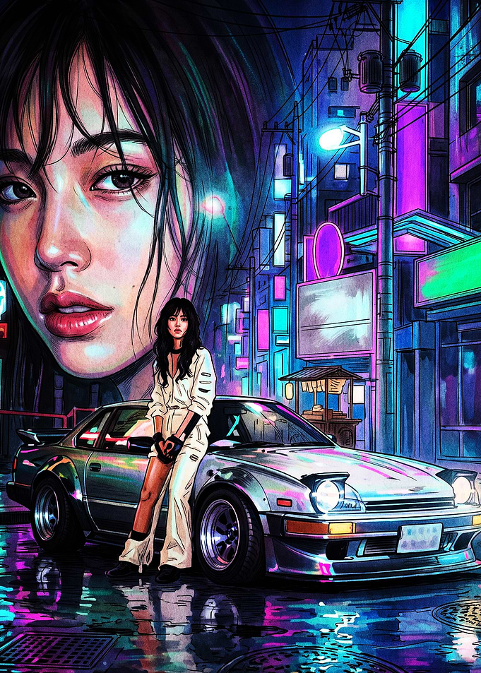 Cyberpunk Girl with Retro Sports Car