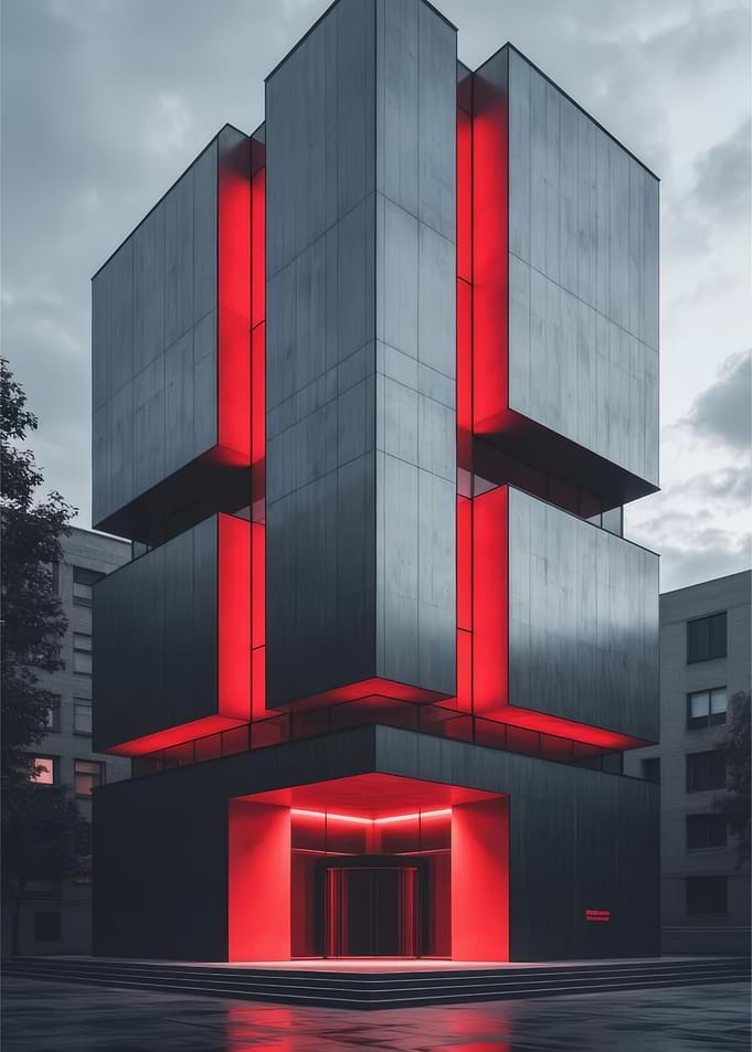 Futuristic Building with Red Neon Accents