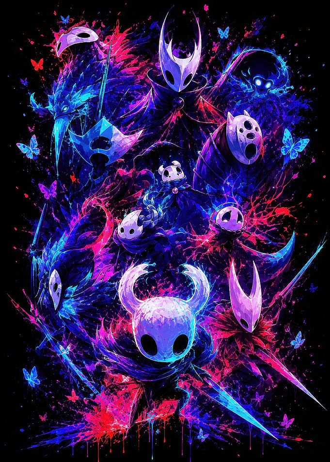 Hollow Knight Neon Character Collage
