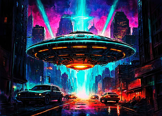 UFO Hovering Over Neon City Street