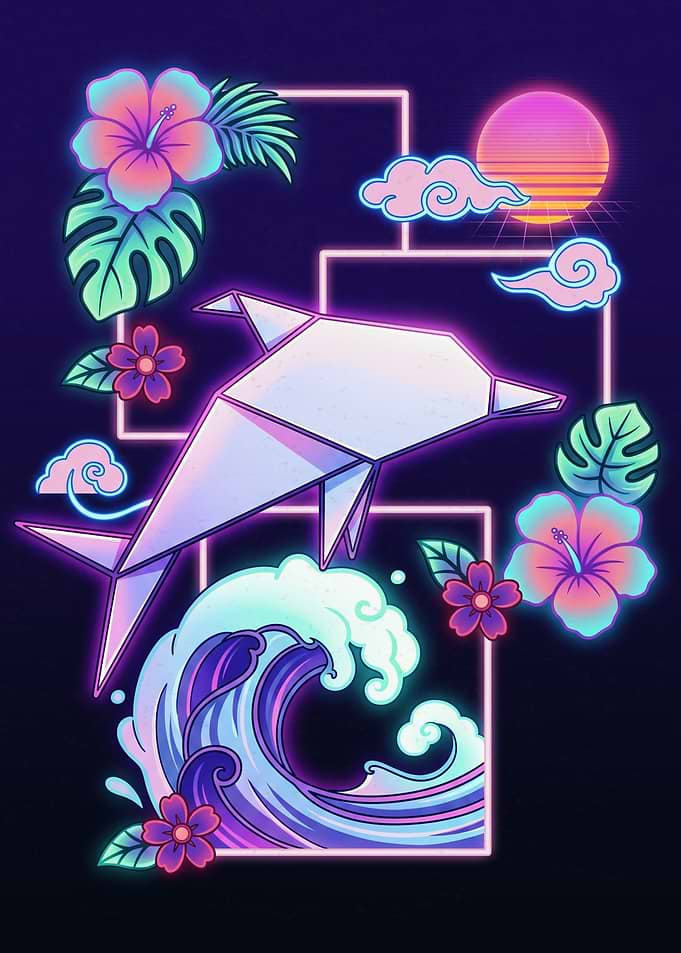 Neon Origami Dolphin Tropical Art
