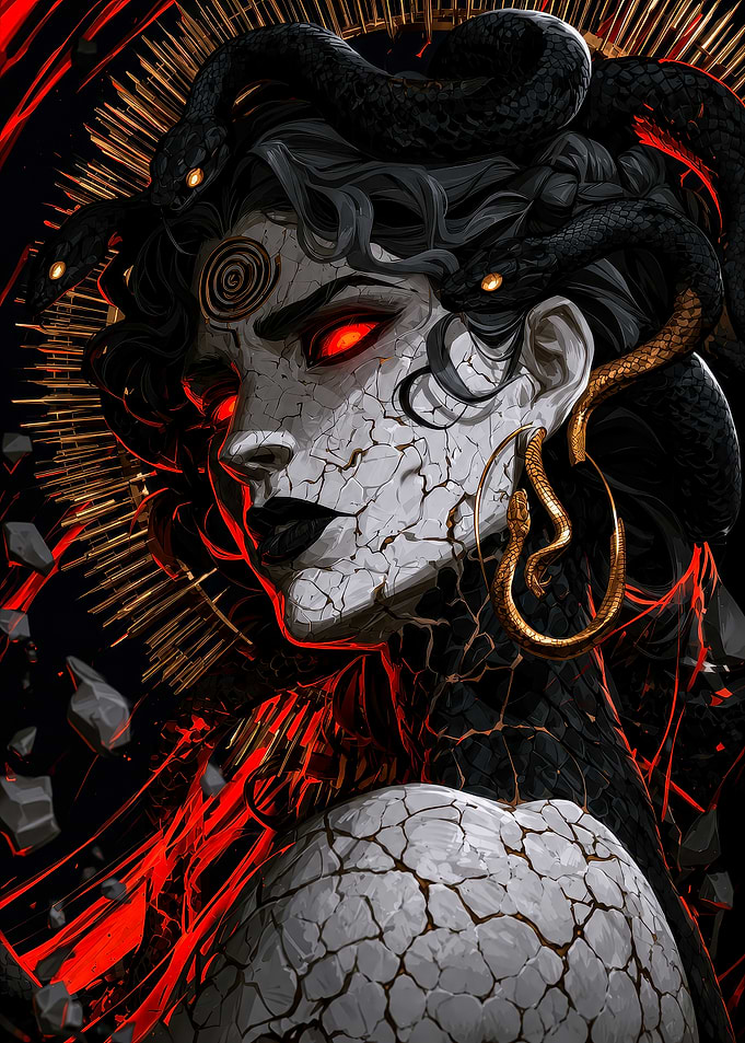 Medusa with Glowing Red Eyes